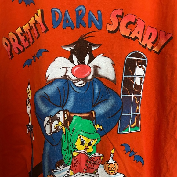 Vintage 1998 Looney Tunes Sylvester & Tweety Halloween Orange T-Shirt - Picture 2 of 3